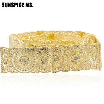 

Sunspicems Gold Silver Color Moroccan Cafan Belt For Women Rhinestone Wedding Jewelry Round Metal Waist Link Chain