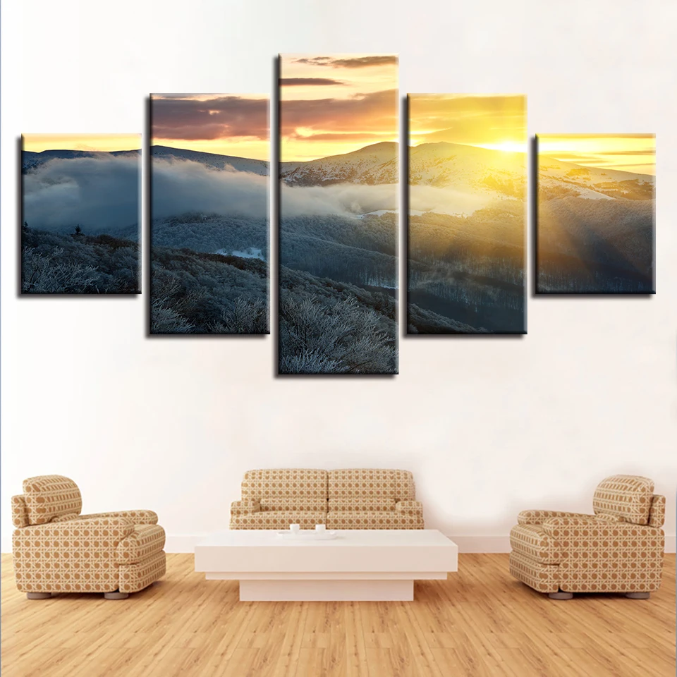 

Natural Scenery Modern Prints Decor HD 5 Pieces Mountain Sunset Sunshine Canvas Pictures Wall Art Framed Painting Modular Poster