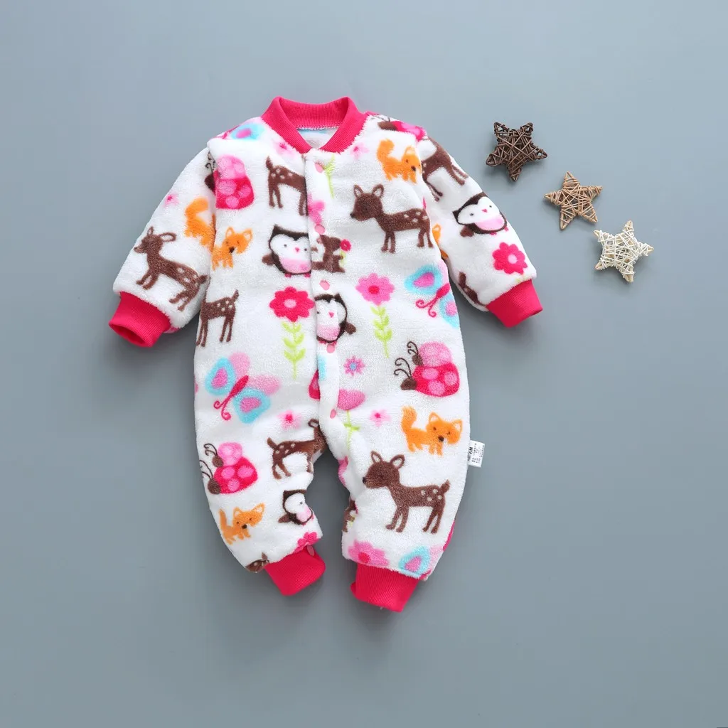 Baby Girls Boys Thick Romper Warm Winter Newborn Infant Baby Cartoon Leopard Fleece Jumpsuit Romper Soft Pajamas Clothes