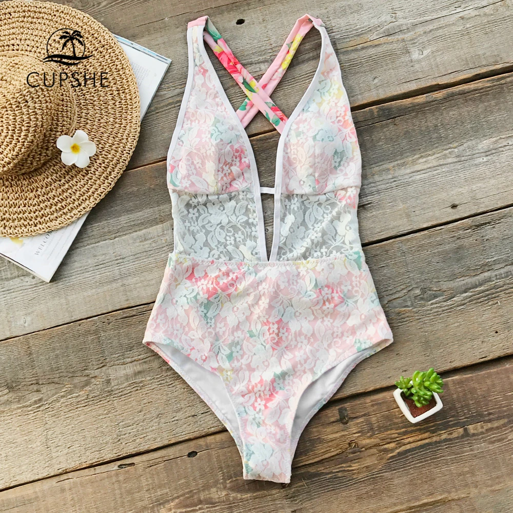 

CUPSHE Lace Overlay One-Piece Swimsuit Women Sexy Backless CrissCross Monokini Swimwear 2019 Girl Sweet Beach Bathing Suits
