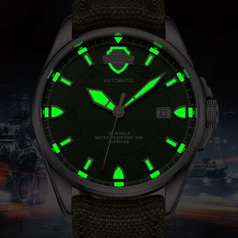 KASSAW Luminous military watch men leather automatic mechanical watch men's luxury brand sports Man Watches relogio masculino