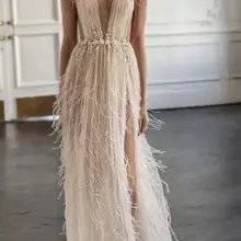 Женское вечернее платье цвета шампанского,, современное, с глубоким вырезом, с v-образным вырезом, с перьями, расшитое бисером, с разрезом, богатое, женское, длинное, торжественное платье, вечерние, выпускные платья