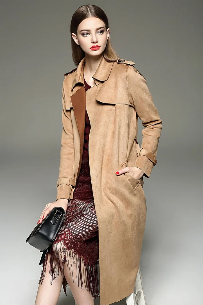 New Autumn Suede Trench Coat Women Mujer Long Elegant Outwear Female Overcoat Slim Red Suede Cardigan Trench