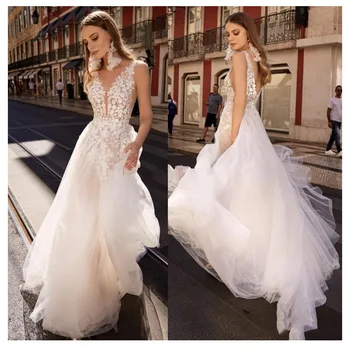 

Smileven Wedding Dress 2019 Appliques Lace Bride Dresses Sexy Deep V Neck Wedding Bridal Gowns 2019 Custom Made
