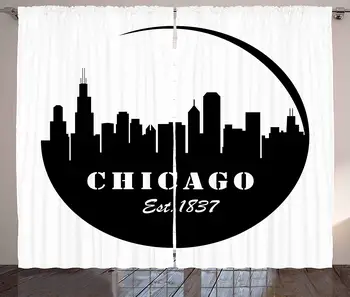 

Chicago Skyline Kitchen Curtains American Town Famous Urban Design in Black I Love Chicago Architecture Window Decor Panel
