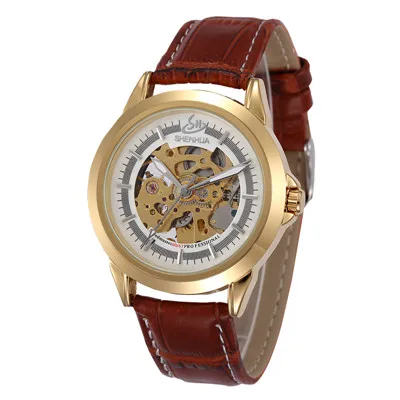 SHENHUA, золотой чехол, тонкие мужские часы со скелетонным циферблатом, автоматические механические наручные часы, Montre Homme Heren Horloges - Цвет: Gold White