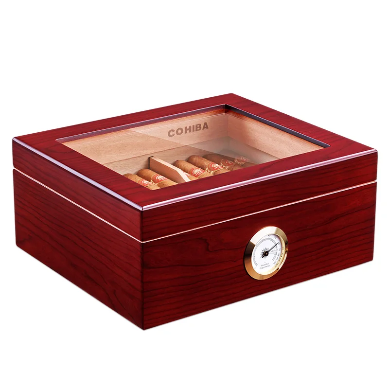 

COHIBA Humidor aprox 50pcs capacity cedar wood cigar moisturizing box with Hygrometer Humidifier HH-120 Glass Top