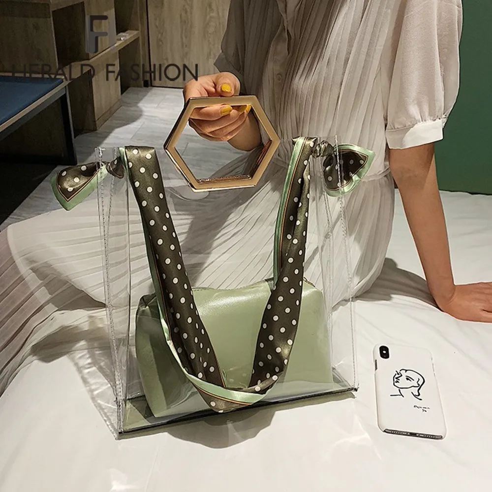 

Herald Fashion Transparent Woman Composite Handbag with Scarf Quality PVC Female Shoulder Bag Large Clear Summer Beach Tote Bag