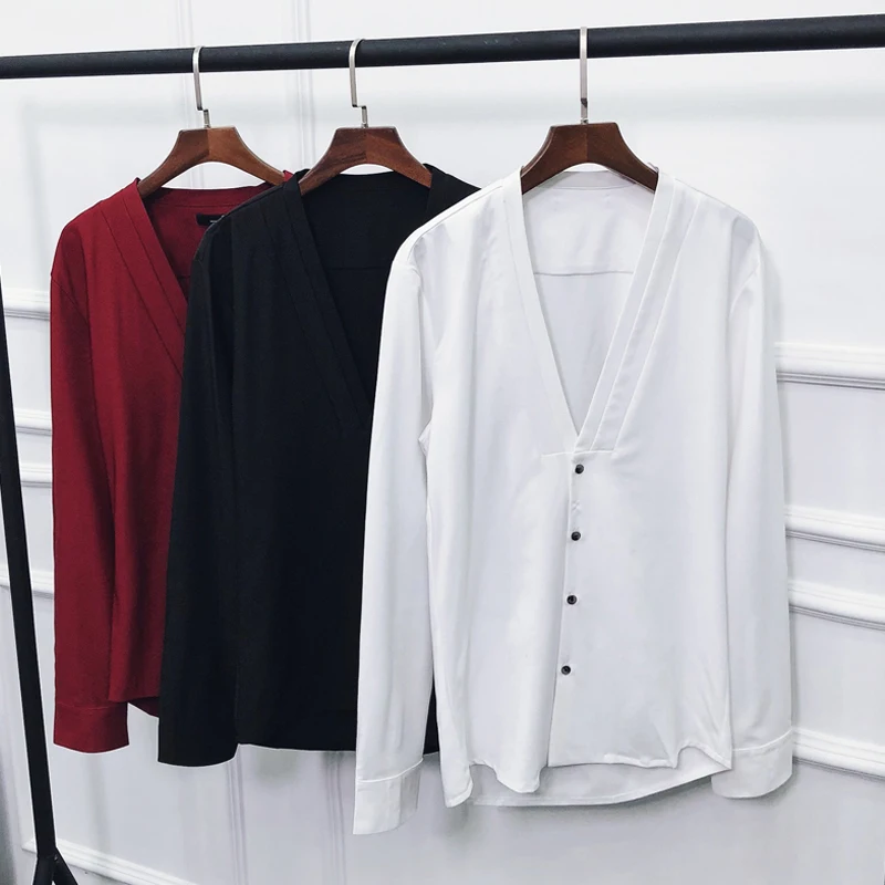 Новые модные мужские рубашки с v-образным вырезом, белые, винно-красные, черные, приталенные элегантные мужские рубашки, Размер 3XL