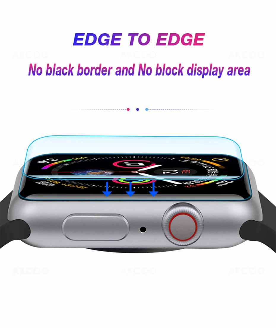 Akcoo 6D полноразмерная пленка для Apple watch 4, 5, серия 40, 44 мм, защитная пленка для экрана, ультрафиолет, полное клеевое стекло для серии 1, 2, 3, 38, 40 мм, пленка