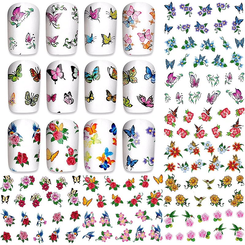 

12 Sheets Flower Butterfly Water Transfer Nail Art Decorations Sticker Decals Manicure Nails Supplies Tool