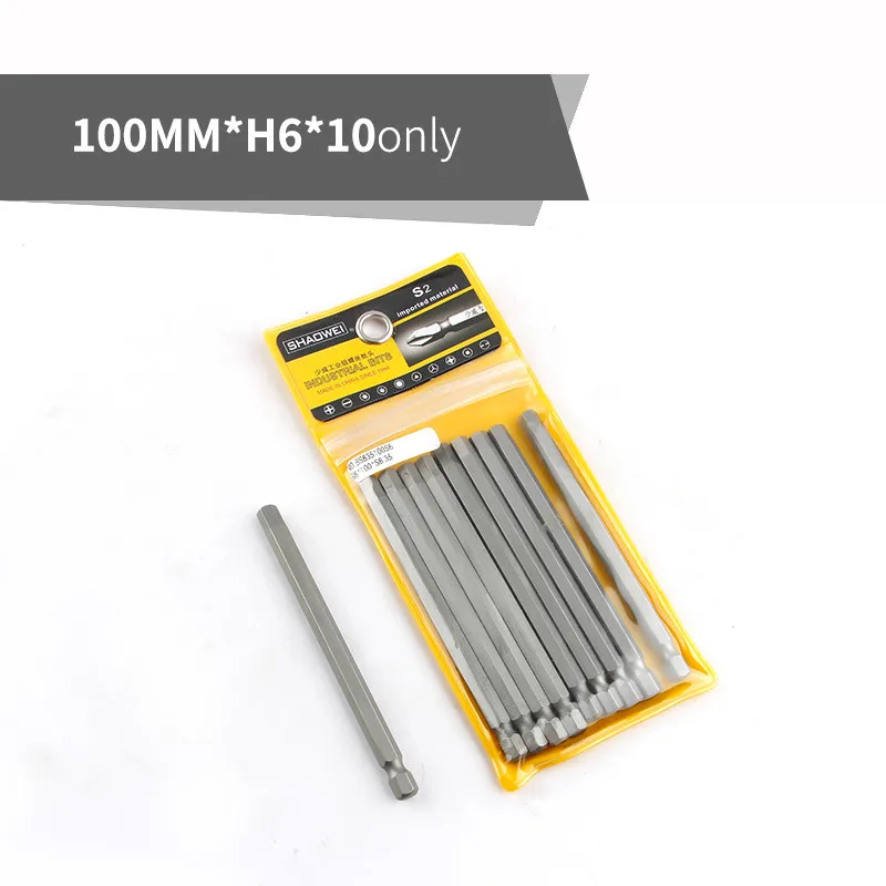 10pcs 100mmxH6 100 мм S2 Набор шестигранных отверток Набор Магнитных электрических бит шестигранное ветровое долото для электроинструментов H2 H3 H4 H5 H6 H8 H10 H12 H14 - Color: 10pcs 100mmxH6