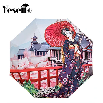 

Yesello Japanese Geisha Kimono Girl Three Folding Umbrella 8Rib Wind Resistant Frame For Women Waterproof Pencil Travel Umbrella
