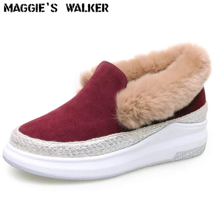 

Maggie's Walker Women Fashion Genuine Leather Slip-on Casual Shoes Platform Shallow-mouth Rabbit Hair Loafers Size 35~39