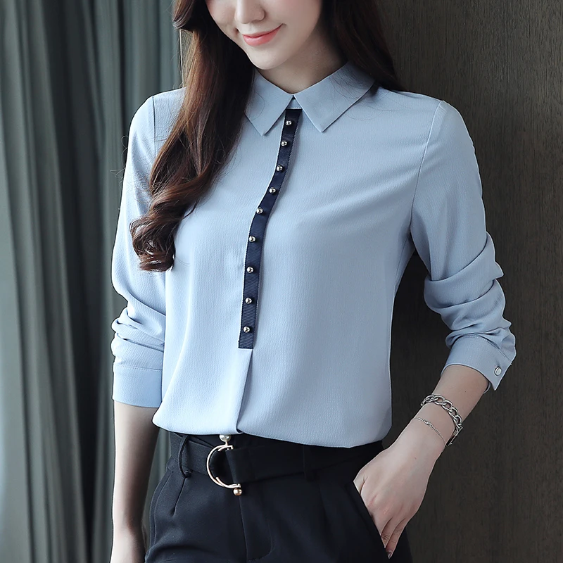 

Women Shirt 2018 New Light Blue Solid Turn-down Collar Chiffon Blouse Long Sleeve Office Ladies OL Shirts Korean Female Tops