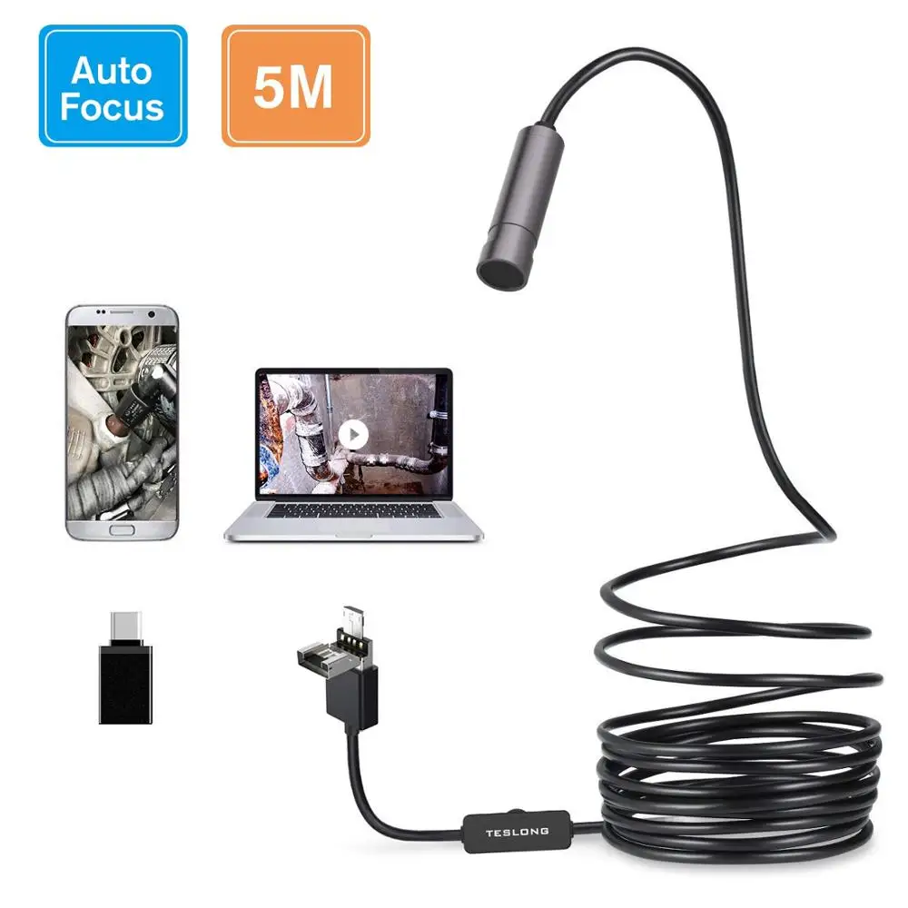 

Teslong Auto Focus Endoscope Camera with 5.0 MP FHD Micro Inspection Camera Waterproof Semi-Rigid Snake Cable Camera