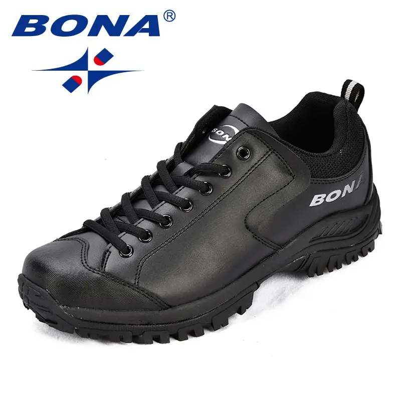 BONA/Новое поступление; классические стильные мужские треккинговые ботинки; кожаные мужские спортивные ботинки; уличные кроссовки для бега; удобные кроссовки - Цвет: BLACK SLIVER GREY