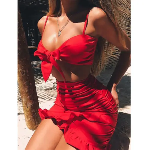 

Women 2 Piece Bodycon Two Piece Crop Top and Skirt Set Lace Up Dress Party Size S-XL