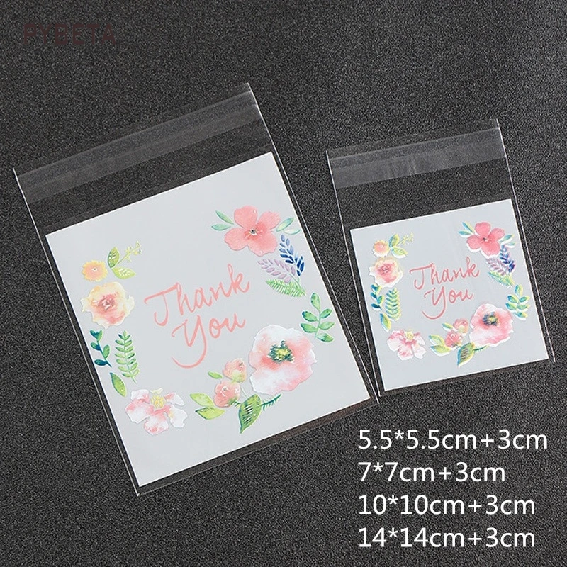 300pcs- Floral "Thank you" Gift Self-adheive Pouch Cookies Candy Bag Handmade Soap Cosmetic Sample Packaging Bags