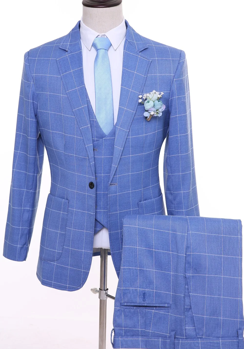 Buy Bespoke Blue Plaid Men Suits Slim Fit Groom Tuxedos Groomsmen Best Man Mens