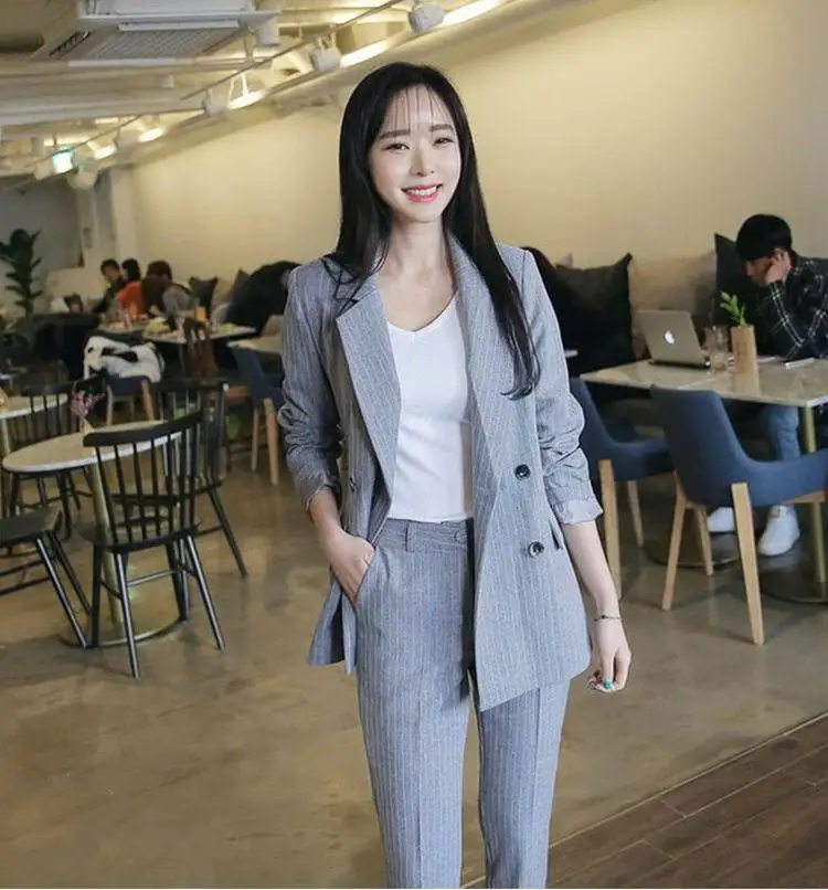 

2019 Spring Work Pant Suits OL 2 Piece Sets Double Breasted Striped Blazer Jacket & Zipper Trousers Suit For Women Set Feminino