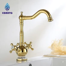 Двойной держатель Золотой Цвет Кухня кран Soild латунь бронза двойная ручка Управление античная кран Робине Ванная комната бассейна