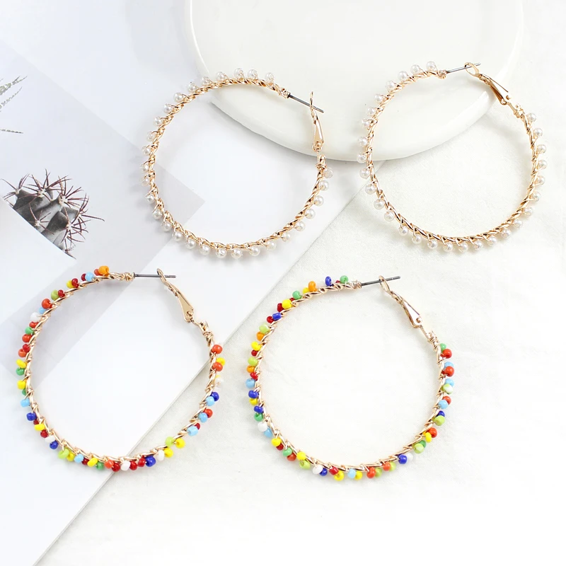 

French Grand Circle Vintage Mini Rice Beads Luxurious Earrings For Women Grace Tender Colour Hand Work Korean Earrings Ears