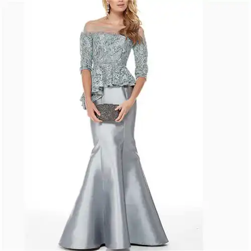 Vestidos de novia с плеча серебряное кружево и атласное с юбкой-русалкой развертки поезд Мать невесты платья плюс размер - Цвет: 1