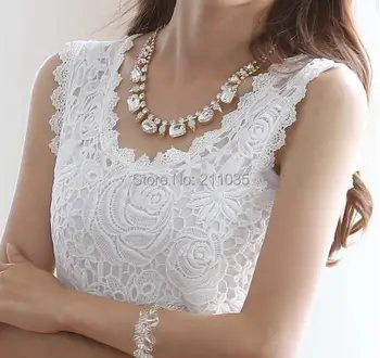 

Lady Blusas Femininas 2015 Summer Women Blouse Lace Vintage Sleeveless White Renda Crochet Casual Shirts Tops Plus Size Xxxl