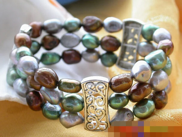 

01407 3row 8" multicolor BAROQUE PEARL elasticity BANGLE Natural >>> -Top quality free shipping