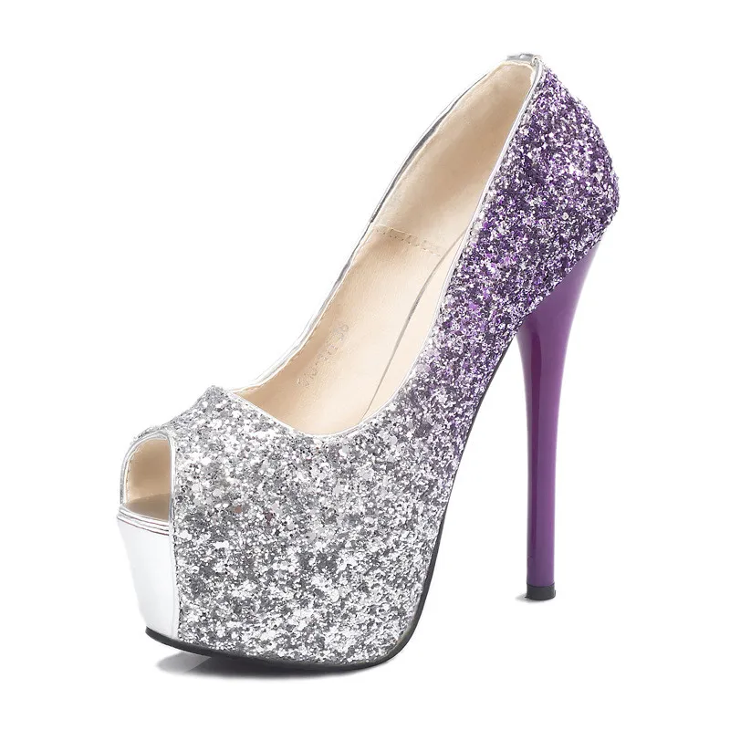 

2019 spring and autumn new sequins gradient color super high heel stiletto high heel women's shoes purple ljj 0524