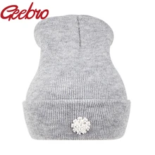 Geebro New Fashion Lovely Floral Crystal Diamond CZ Beanies Female Warm Kintted Hat Hip Hop Winter Cap Women Bonnet Gorros JS223