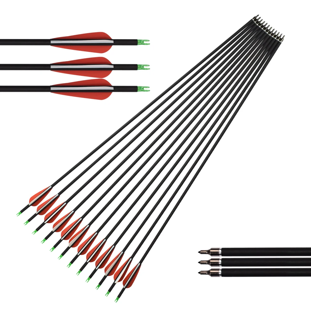 

12pcs Spine 500 Carbon Arrow With Replaceable Arrowhead 26 28 30 Inch Compound Recurve Bow Archery Hunting Free Shipping