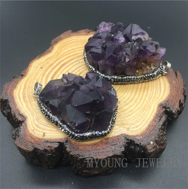 MY1310 Freeform Large Raw Amethysts Nugget Purple Crystal Druzy Pendant With Rhinestone Paved edges (2)
