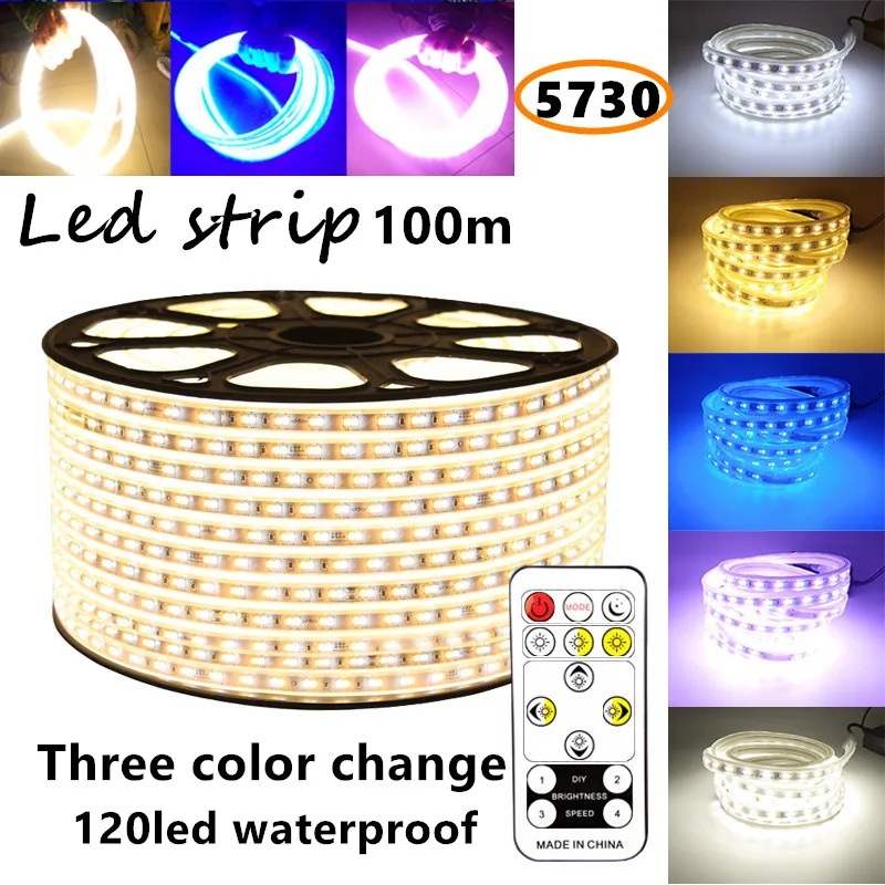 cheap 100m Led strip light SMD 5730 LED strip 120led 220V 230V 240V 3 color change Waterproof flexible SMD led strips IP67 + Free Plug