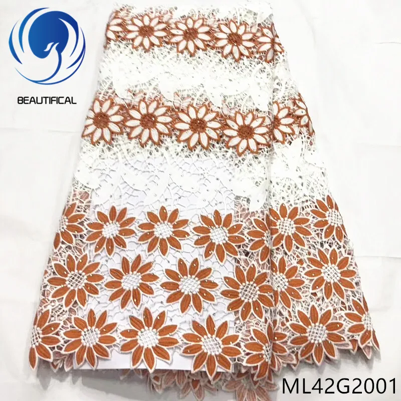 

BEAUTIFICAL african lace fabrics Latest style 5yards water soluble lace fabric with stones embroidery flower lace fabric ML42G20