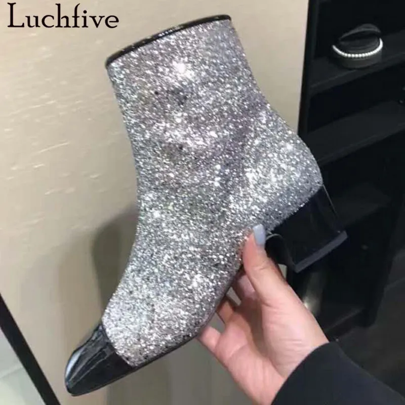 

Luchfive Bling bling Ankle Boots for women silver black glittery sequins Short boots shiny rainboots for ladies winter shoes