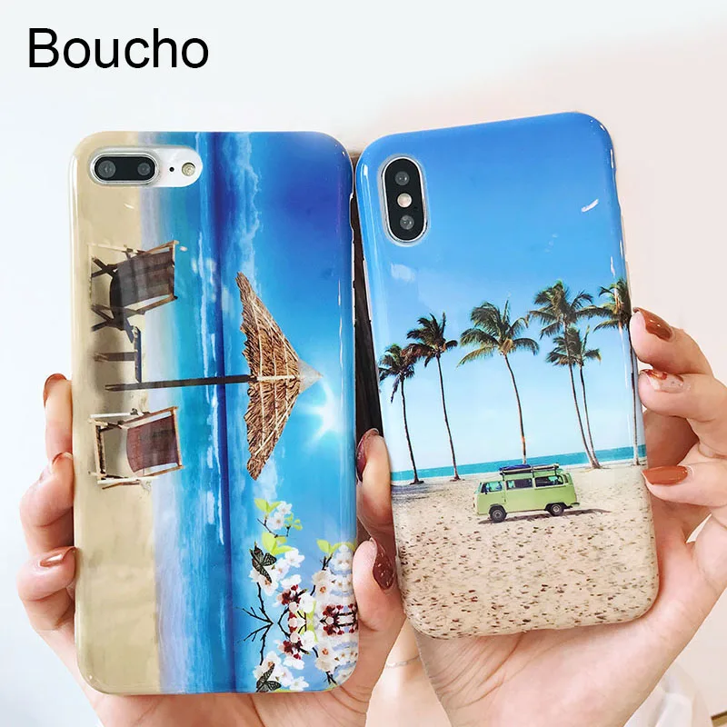 Boucho модные пляжные пейзажа задняя крышка для iPhone 6 S 7 8 Plus Glossy анти-knock Обложка