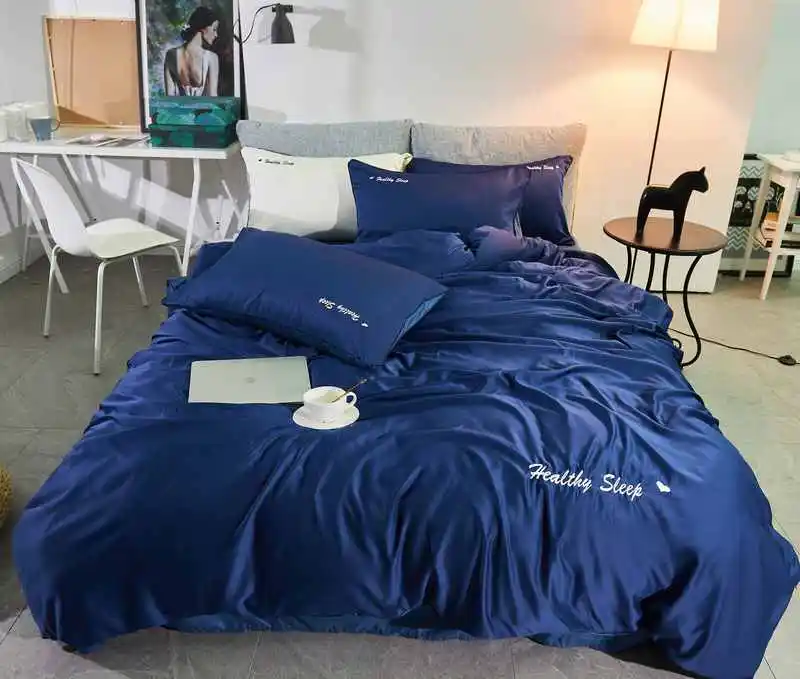 Drak Blue Американский стиль высокого качества шелк хлопок сплошной вышивка 4 набор постельных принадлежностей пододеяльник лист Набор наволочек - Цвет: Drak Blue