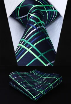 

TC808Q8S Green Blue Check 3.4" Silk Woven Men Tie Necktie Handkerchief Set