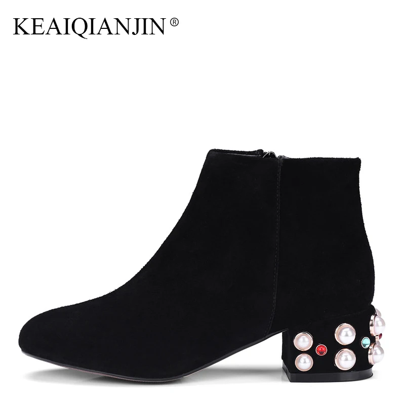 

KEAIQIANJIN Woman Pink String Bead Pointed Toe Ankle Boots Autumn Winter Fashion Sexy Black Genuine Leather Martin Ankle Boots