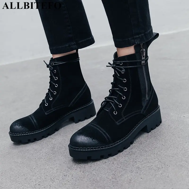 

ALLBITEFO new winter genuine leather thick heel women boots brand high heels ankle boots for women martin boots girls shoes