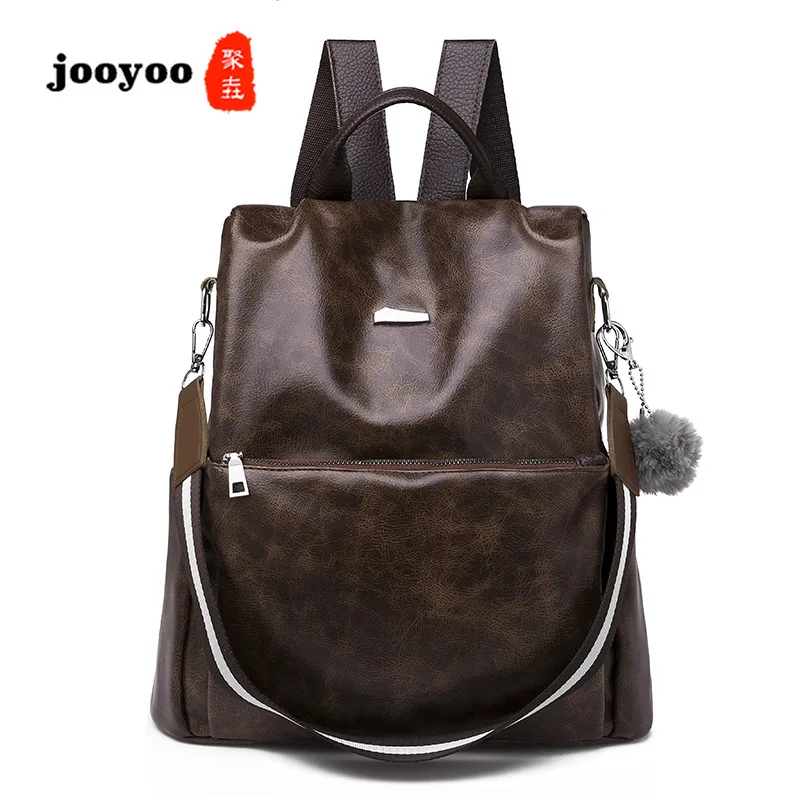 

Double Shoulder Bag Female New Retro Soft Leather College Bag Multifunctional Outdoor Sports Travel Small Backpack jooyoo