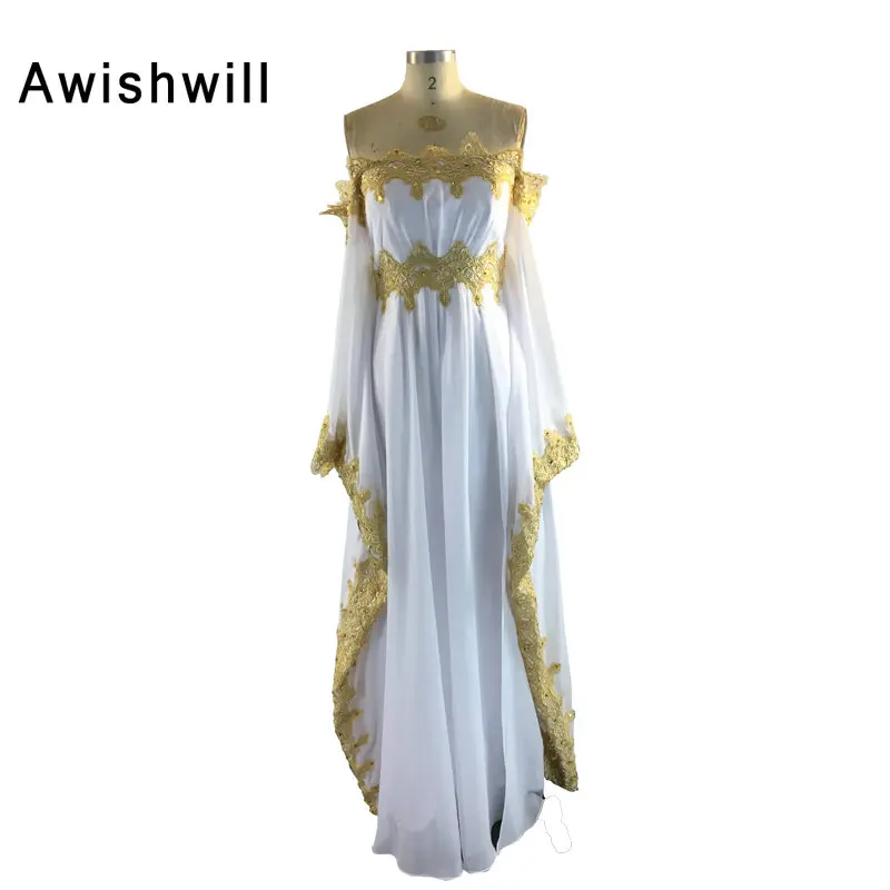 Custom Made Charming Off The Shoulder Beaded Appliques Chiffon White Evening Dress Arabic Party Gown font