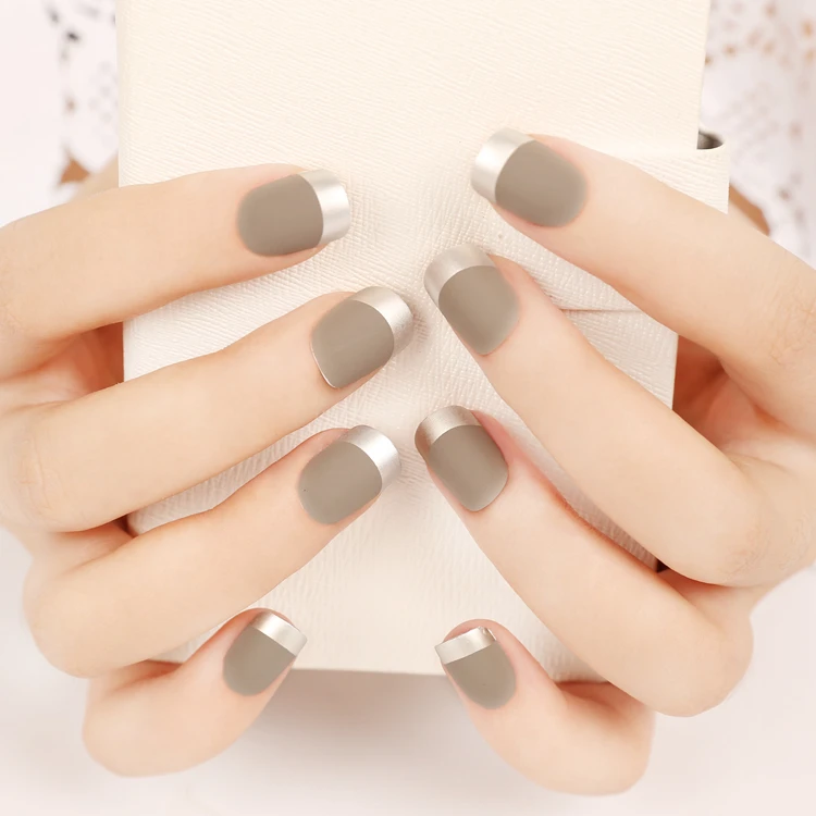 おばあちゃんグレー偽ネイル製品ネイルパッチフランス語つや消しシルバーサイド偽ネイル Fake Nails False Nailsnails Fake Aliexpress