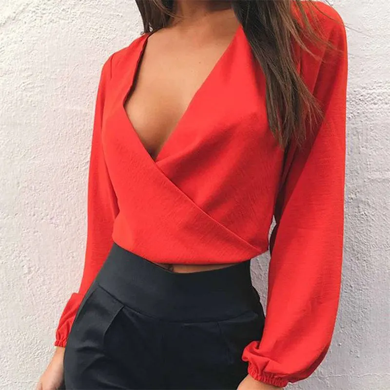 

Short Solid Sexy Deep V-neck Bow Open Back Tops Women Fashion Lantern Sleeve Backless T-shirts Ladies Sexy Club Lace Up Tees New