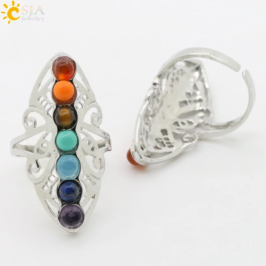 CSJA 7 Chakra Stone Bead Finger Rings Reiki Balance Meditation Healing Point Charm Adjustable Yoga Hollow Flower Women Ring E064