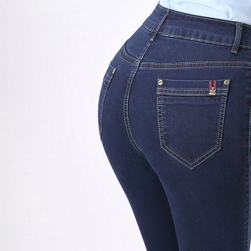 Elastic Straight Mom Jeans Woman for 4 Season High Waist Jeans Plus Size Long Denim Pants Dark Blue Slim Women Long Trousers