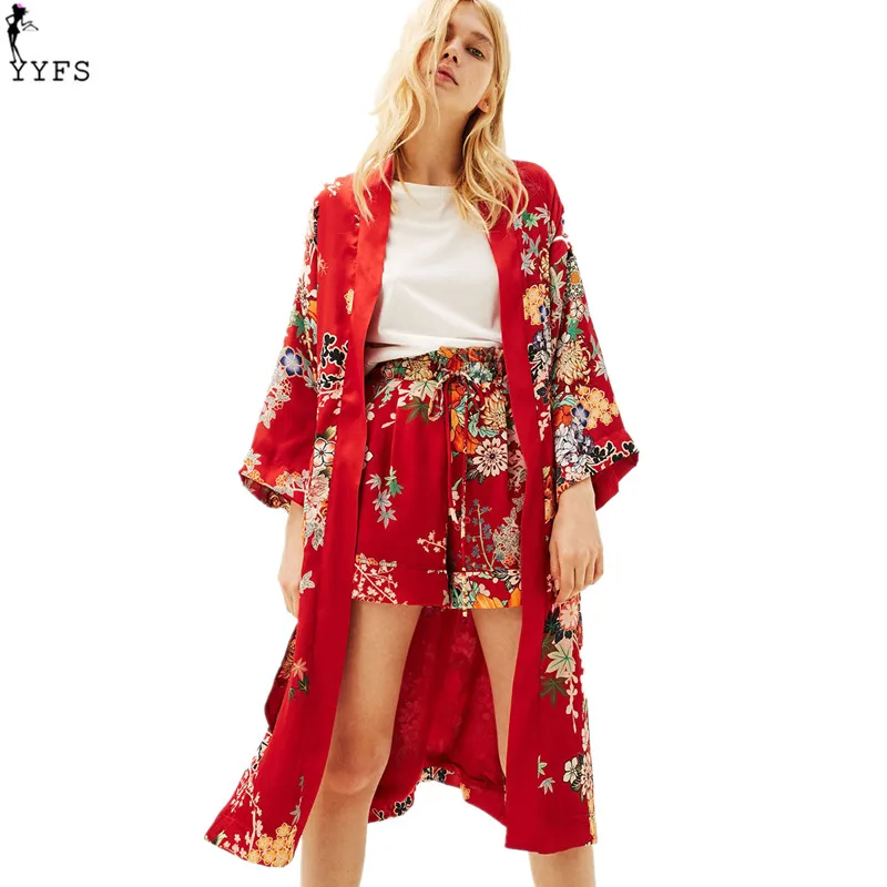 Rouge Floral Pinted Femme Kimono Cardigan Manteaux Dames Kimonos