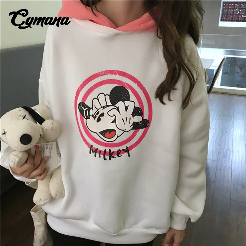 CGMANA Hoodies For Women 2018 New Color Matching Kawaii Mickey Hooded Plus Velvet Sweatshirt Female Harajuku Student  Hoodies